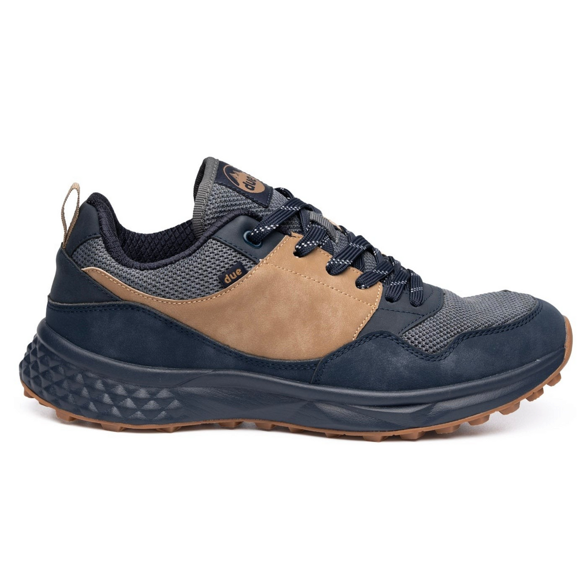 Zapatillas Due Shoes Dolomiti II en azul y marrón con malla transpirable, suela amortiguada y diseño ergonómico.